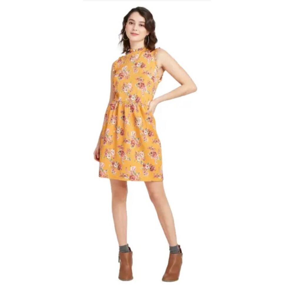 Xhilaration Womens Dress Sz S Mustard‎ Yellow Gold Pink Floral Roses NEW Ruffles